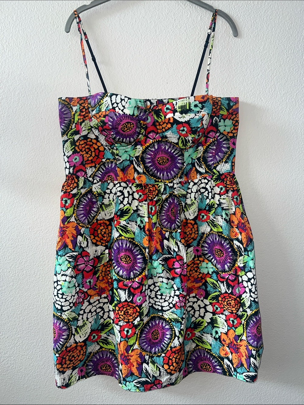100% Cotton Floral Bold Bright Multicolor Corset Sundress with Spaghetti Straps